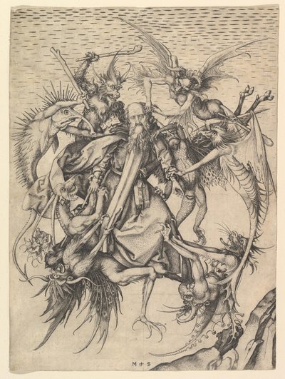 The Temptation of St. Anthony by Martin Schongauer c. 1480-90. Engraving by Martin Schongauer